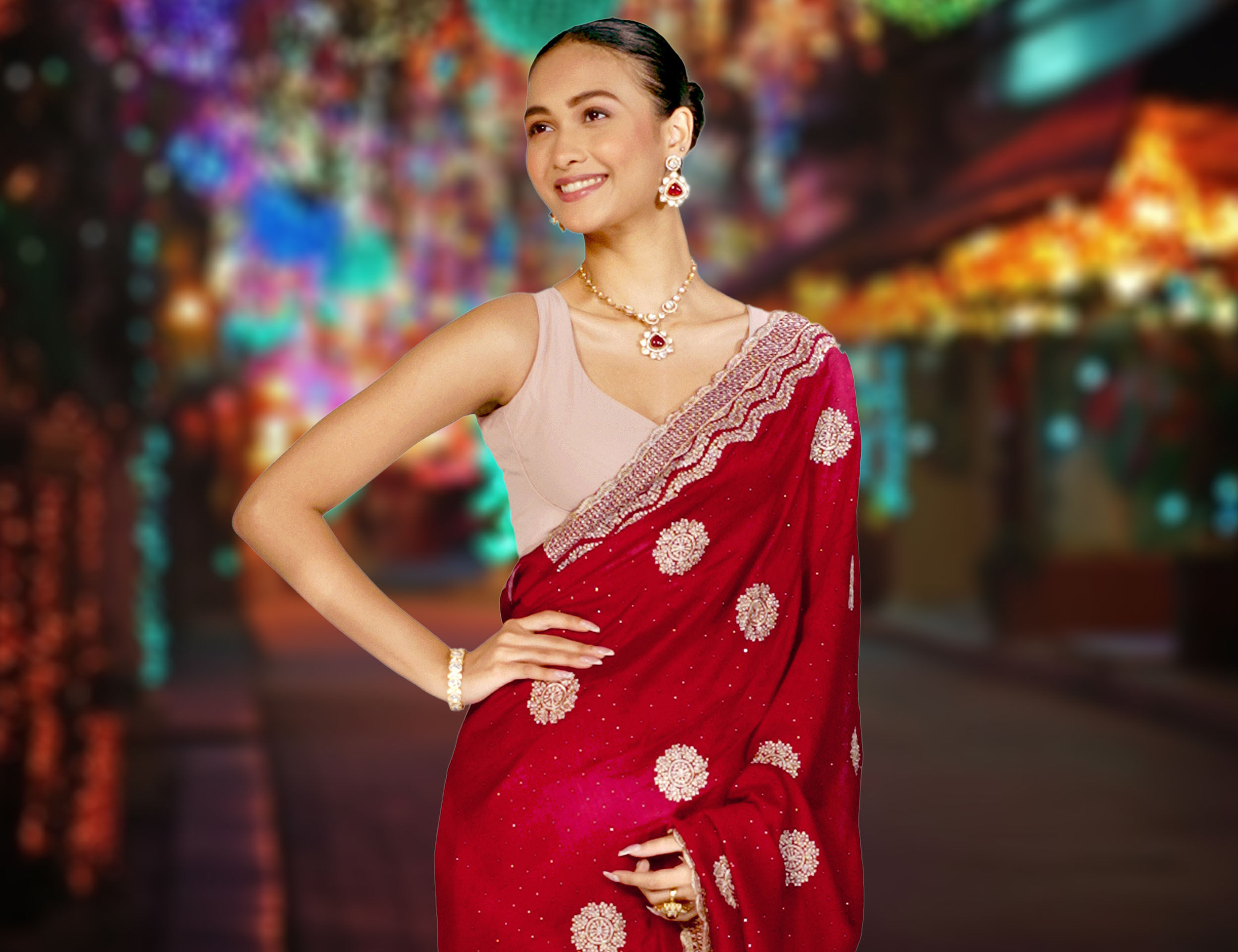 Indian women wearing festive sarees for Durga Puja celebrations, highlighting traditional elegance, colorful ethnic wear and contemporary styling